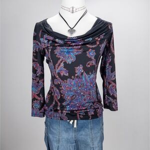Vintage 2000s Slinky Paisley Cowl Neck Long Sleeve Top‎